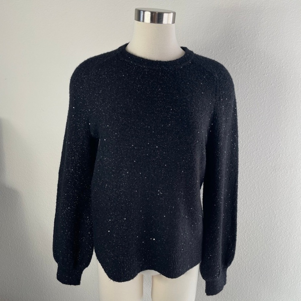 Ann Taylor Womens Medium Black Metallic Sequin Knit Sweater Puff Sleeve Sparkle